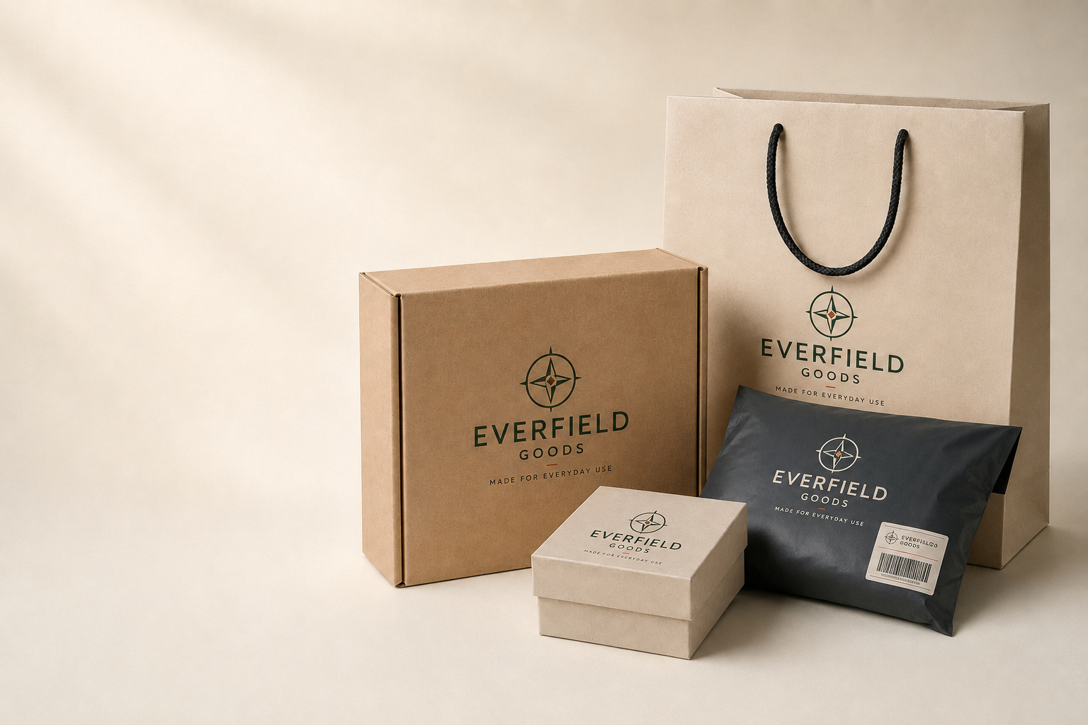 A coordinated collection of custom boxes, a paper bag and a poly mailer for the fictional Everfield Goods brand
