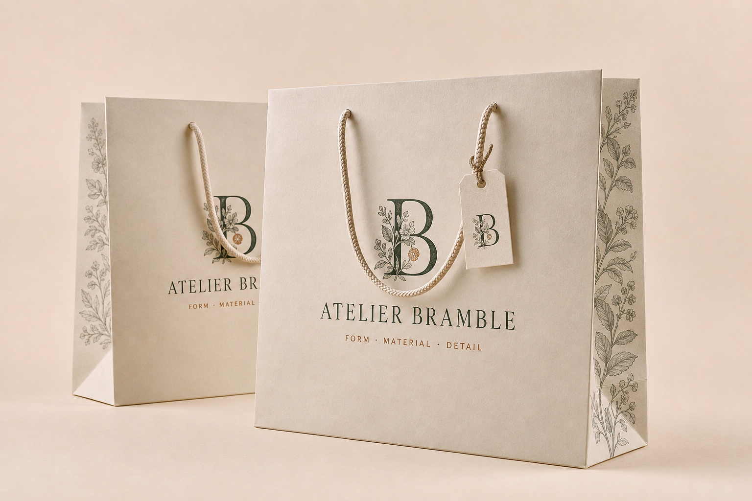 Premium printed paper shopping bags for the fictional Atelier Bramble brand