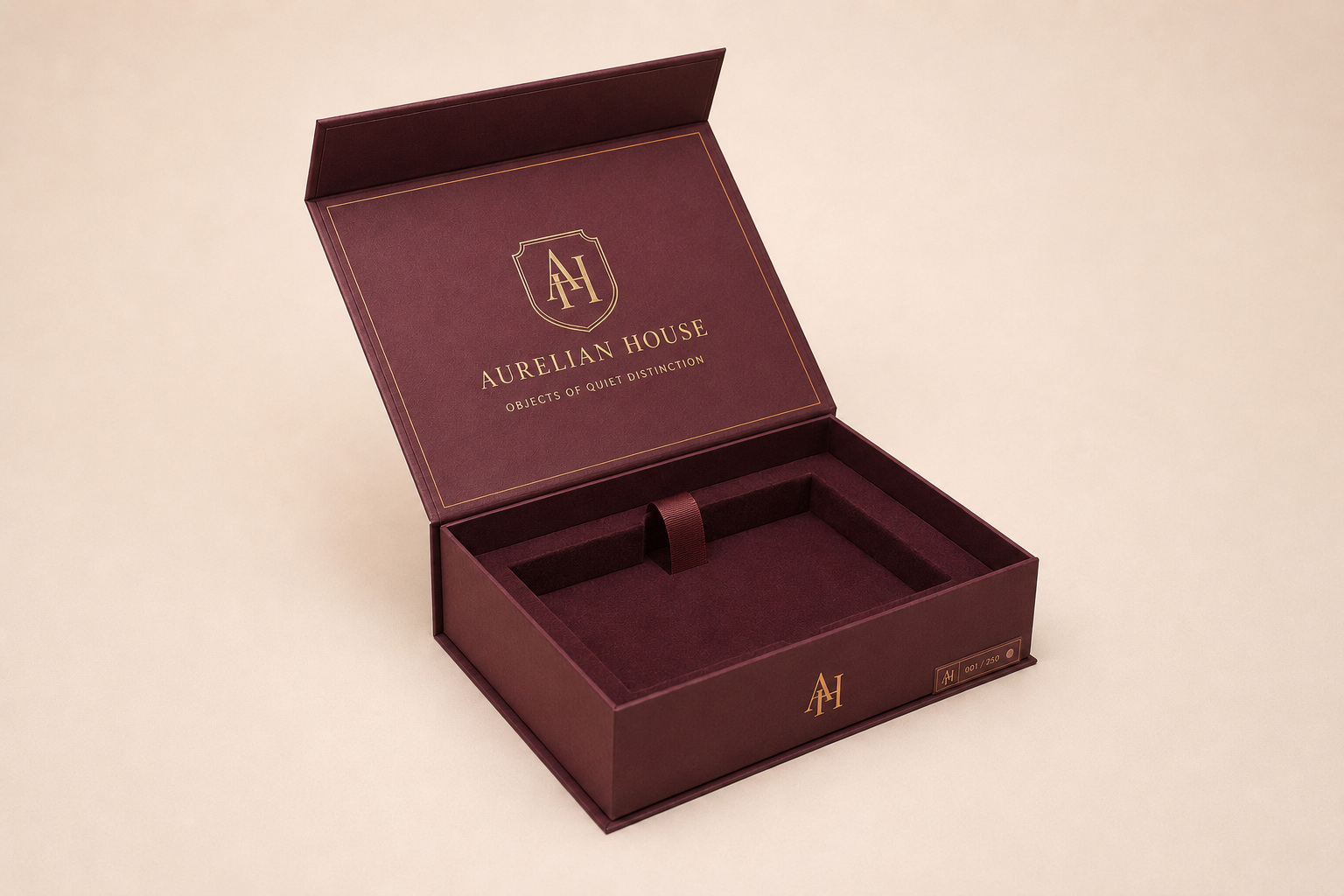 Premium magnetic rigid presentation box for the fictional Aurelian House brand