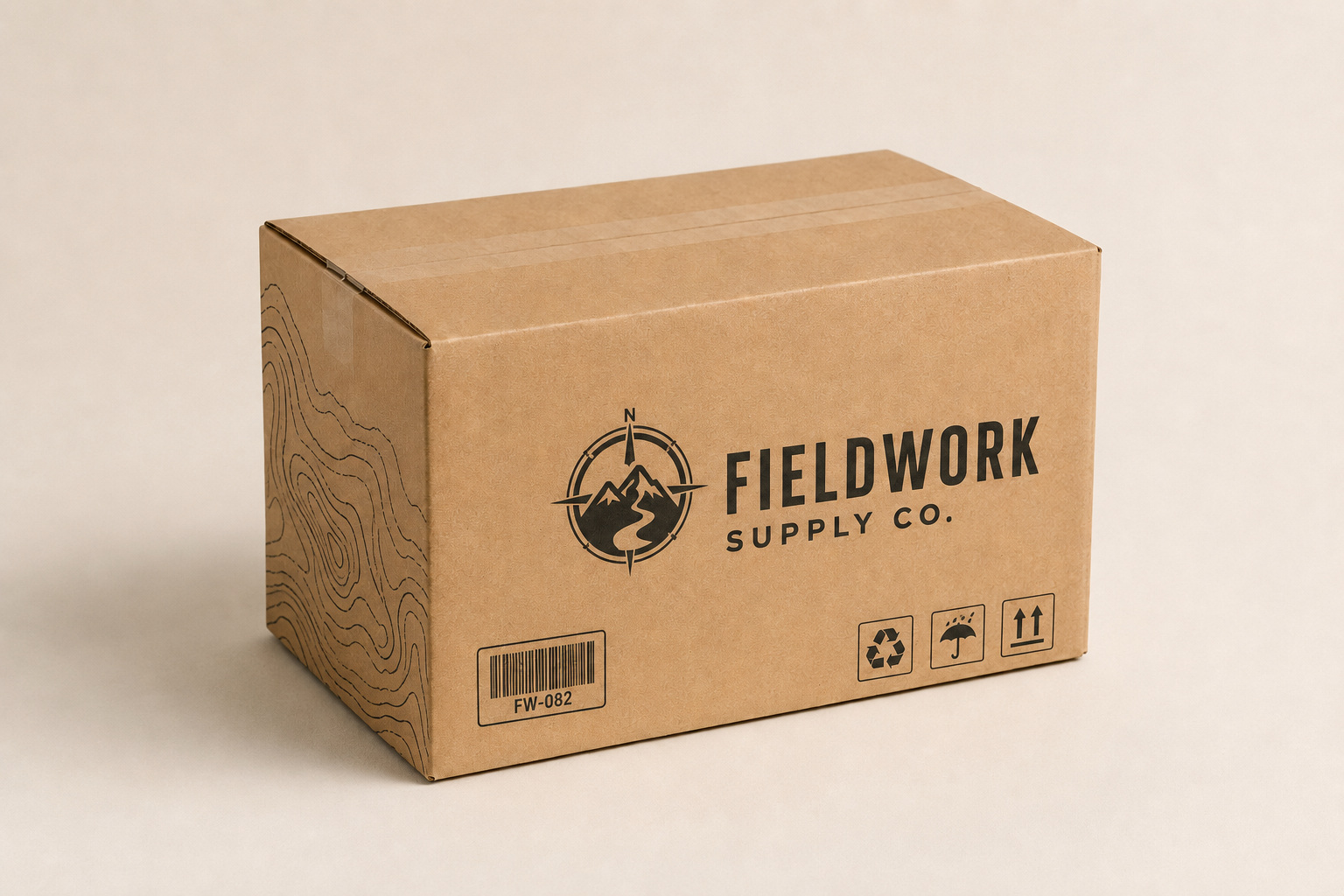 Natural kraft shipping box with one-colour branding for the fictional Fieldwork Supply Co.