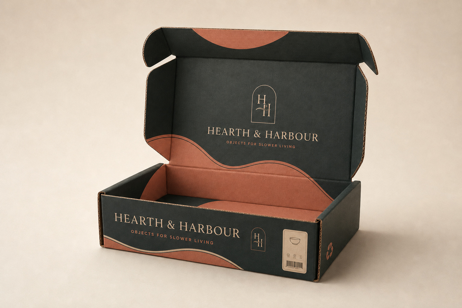 Fully printed corrugated mailer for the fictional Hearth & Harbour brand